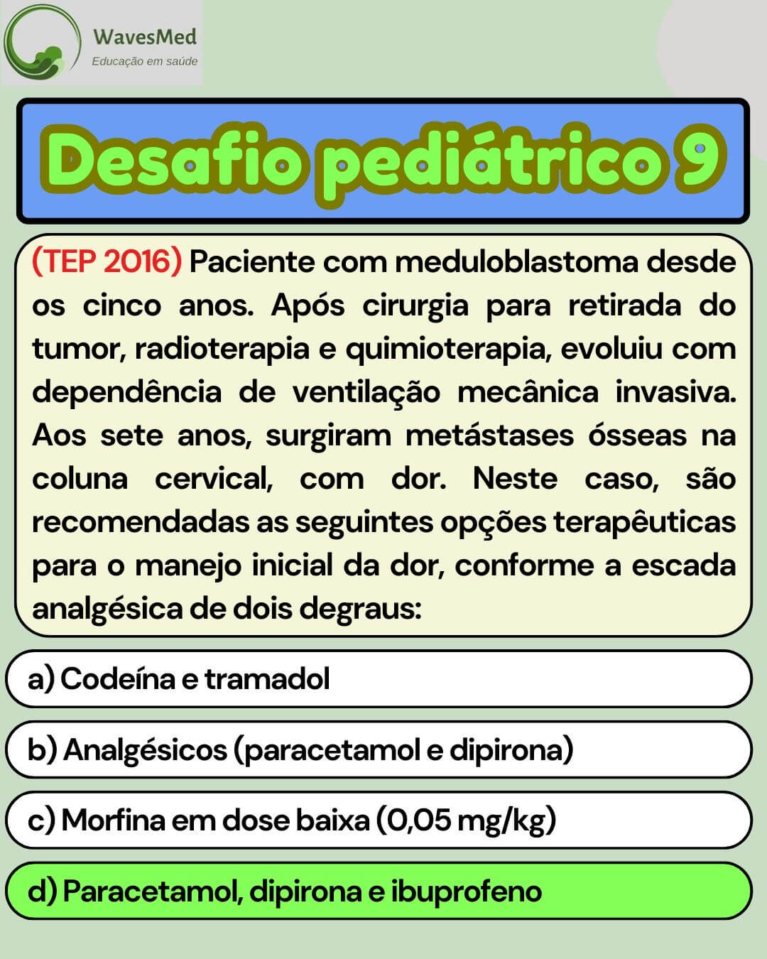 Resposta questão prova TEP manejo dor Wavesmed
